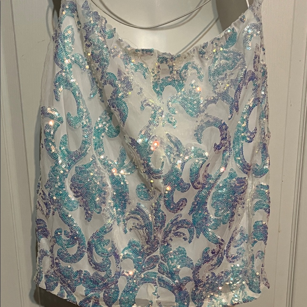 White Mini Dress with Blue Iridescent Sequin Detail Size M - Picture 6 of 7
